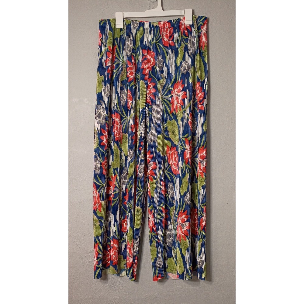 Joan Rivers Blue Floral Flowy Palazzo Pants Sz Large‎ Tropical Resort Vacation